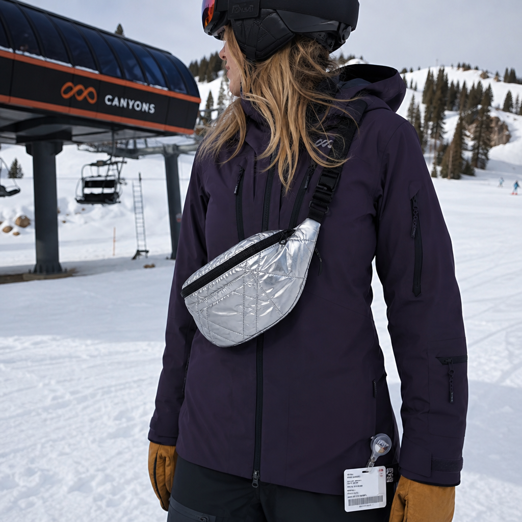 Silver puffer belt bag worn over ski jacket, lift ticket visible