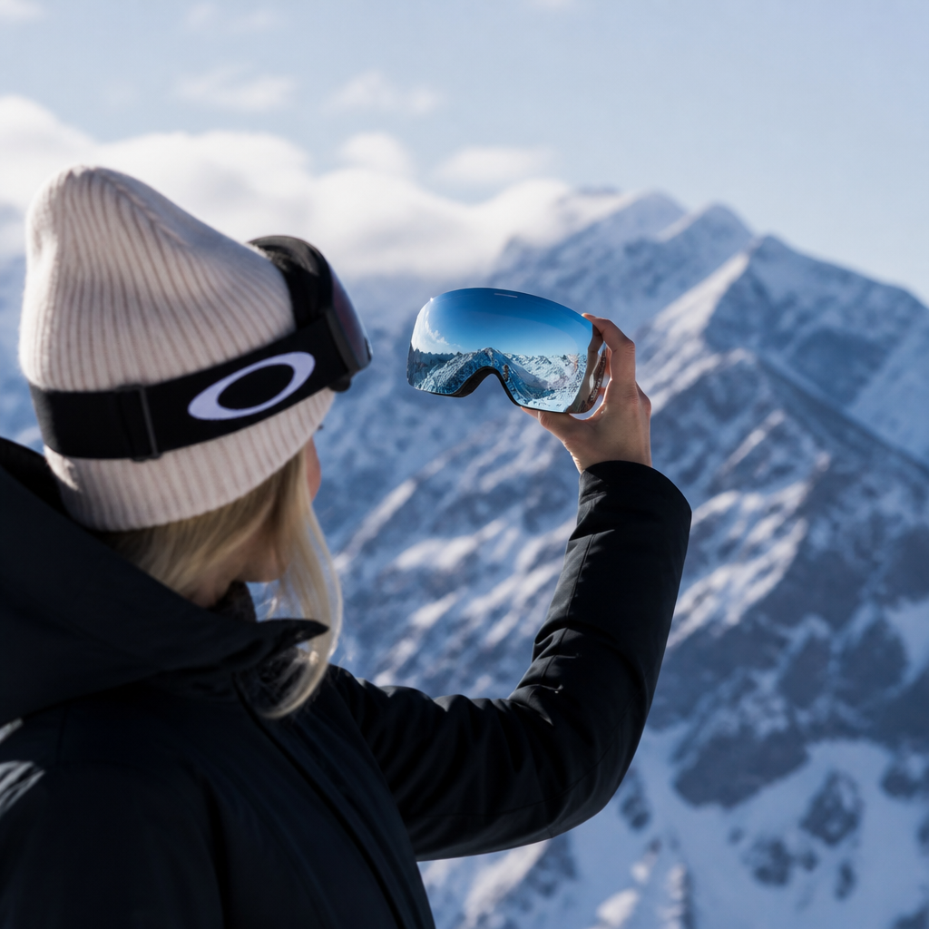 Person holds ice-blue mirrored ski goggles reflecting alpine peaks