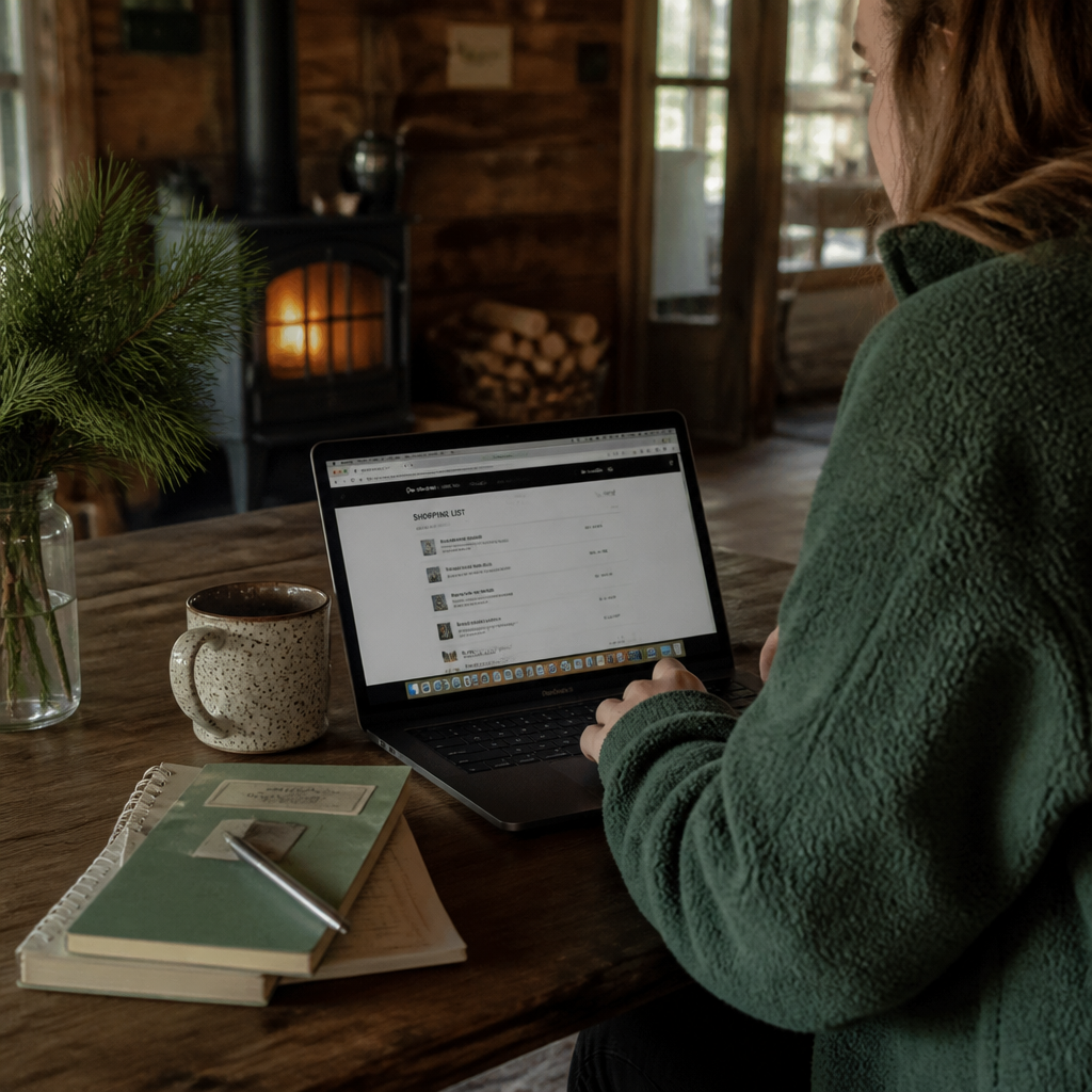 Skier in pine-green fleece scrolls a ski capsule shopping list on her laptop at a lodge table