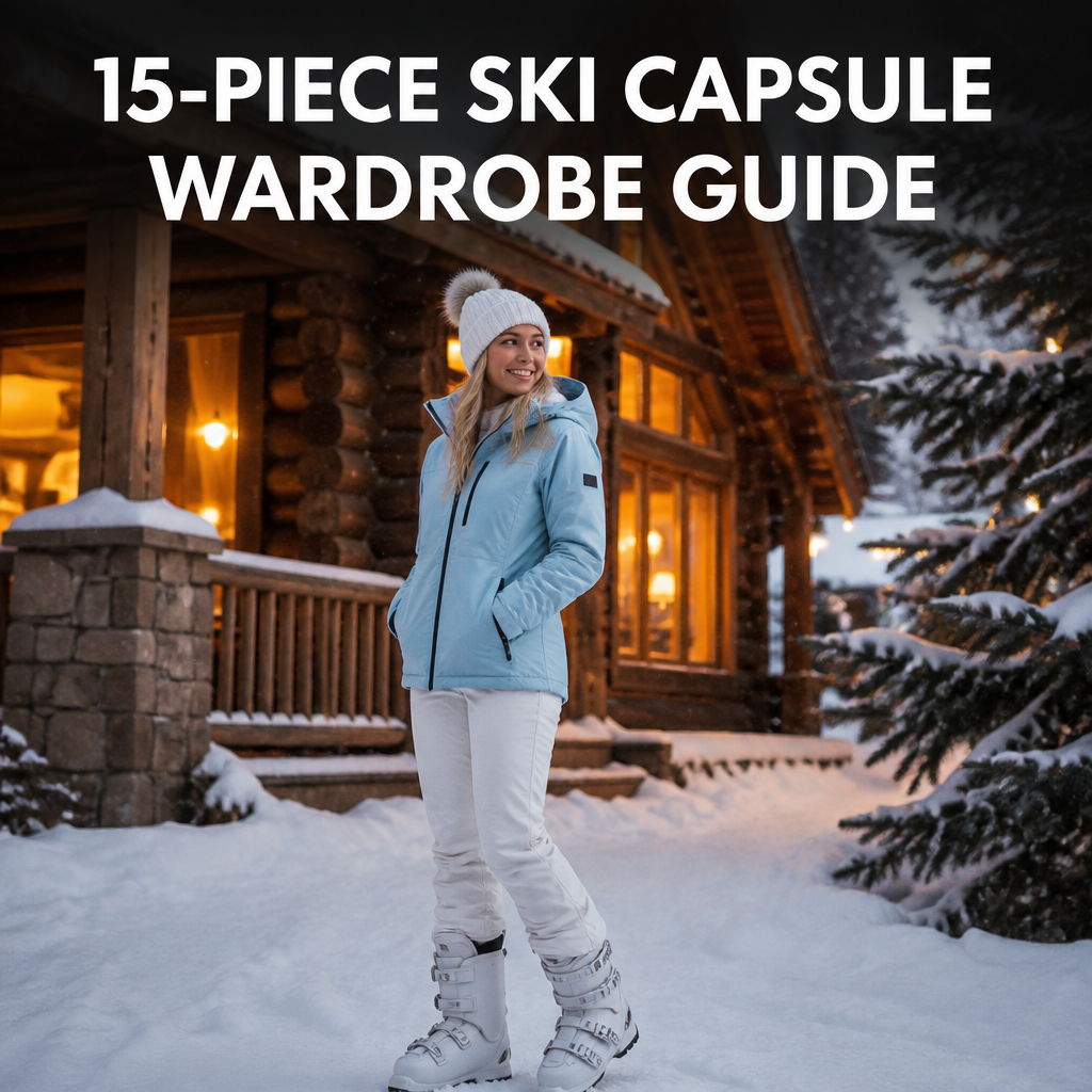 Pinterest pin: 15-piece ski capsule wardrobe guide with woman in glacier-blue jacket outside snowy lodge