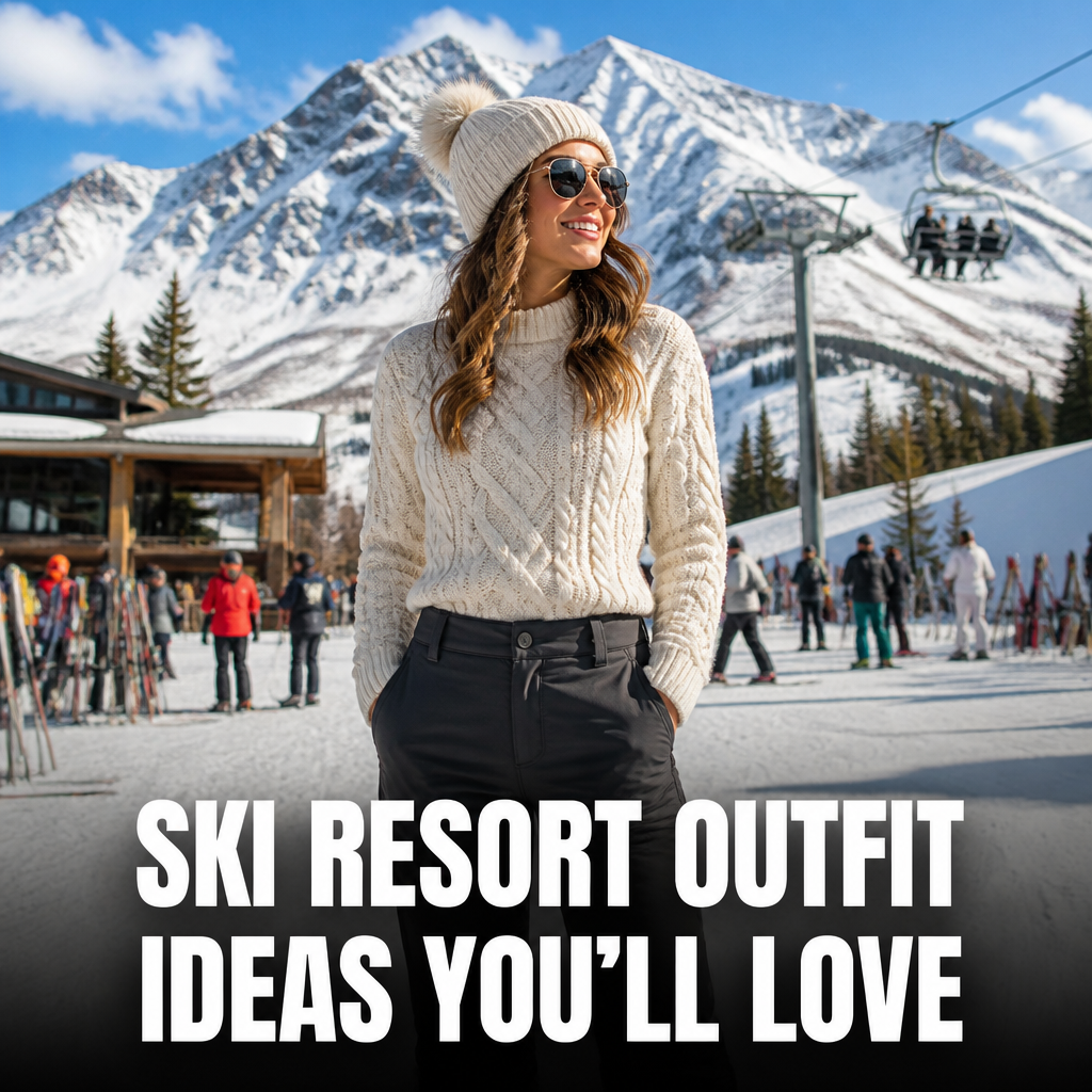 Pinterest pin: ski resort outfit ideas, woman in cream sweater at mountain base area
