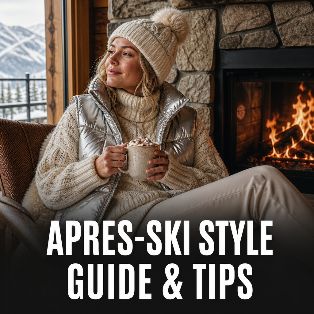 Pinterest pin: apres-ski style guide, woman in cream sweater by fireplace with cocoa