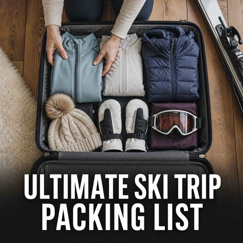 Pinterest pin: ultimate ski trip packing list, hands packing ski layers into a suitcase