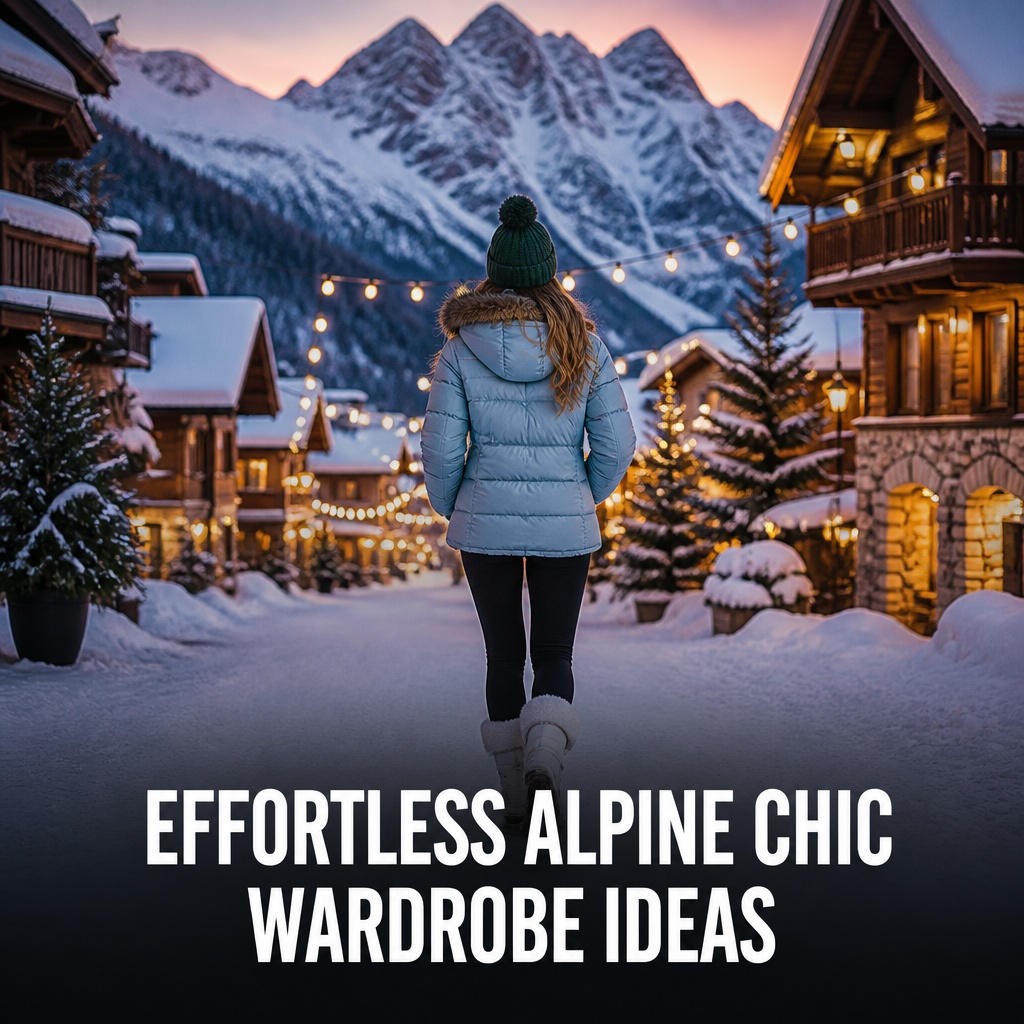 Pinterest pin: effortless alpine chic wardrobe ideas, woman walking through snowy alpine village at dusk