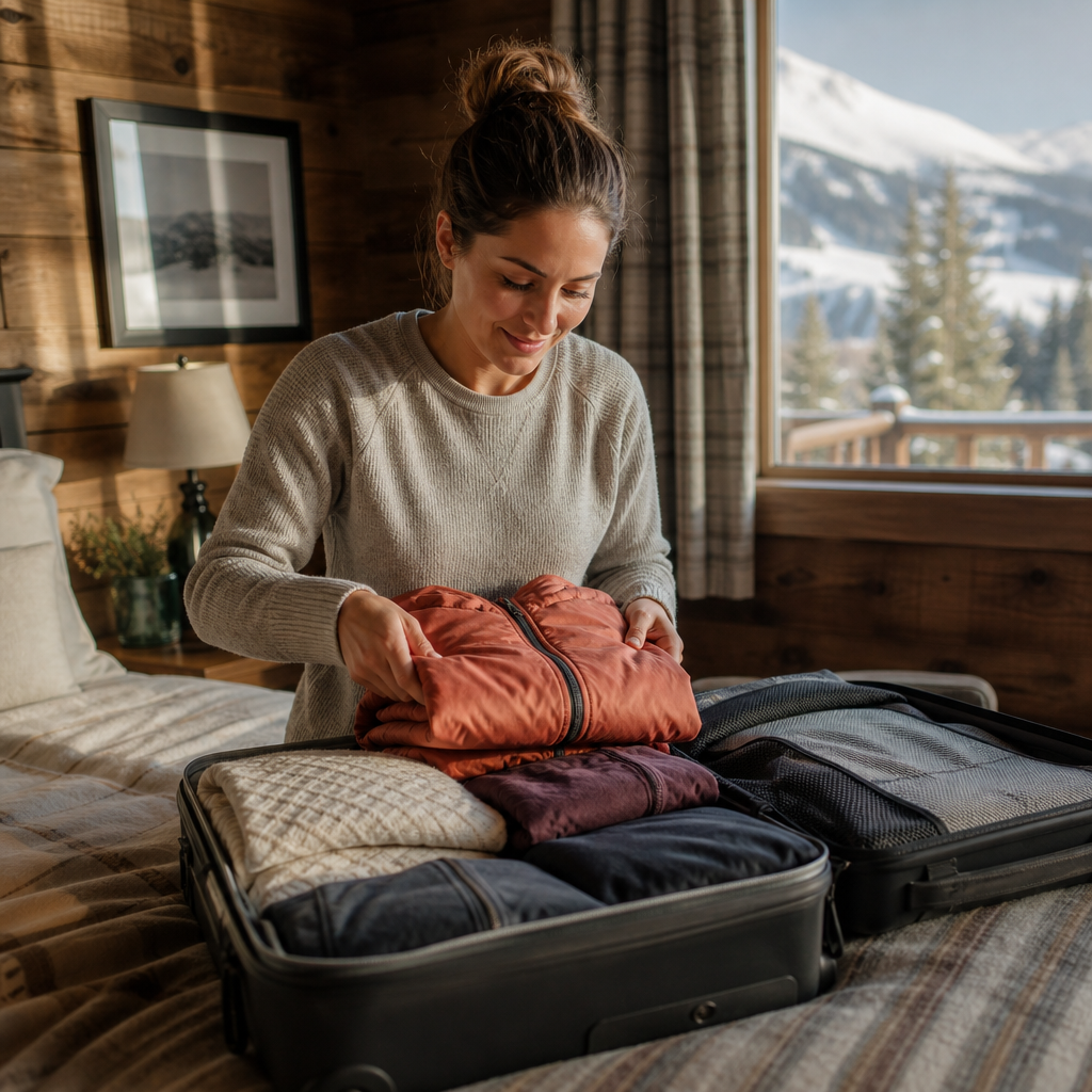 Woman packing a suitcase with ski layers in a cozy cabin bedroom with mountains visible outside