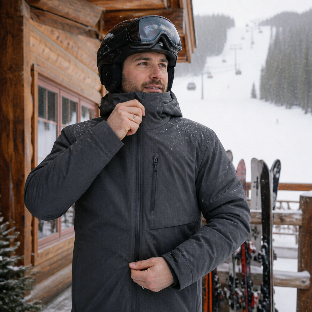 Skier zipping up a charcoal insulated ski jacket outside a mountain lodge with snow falling