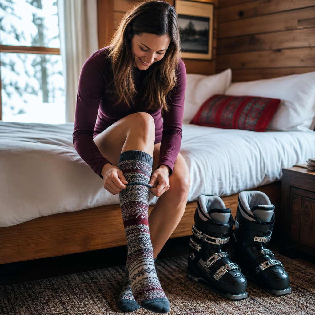 Woman pulling on knee-high merino wool ski socks with ski boots nearby in a cabin bedroom