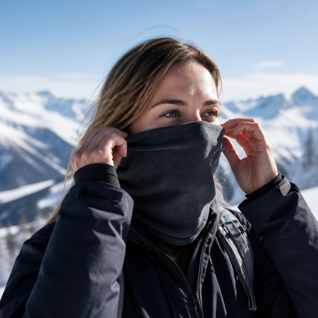 Woman pulling a fleece neck gaiter up over her face outdoors on a sunny ski day