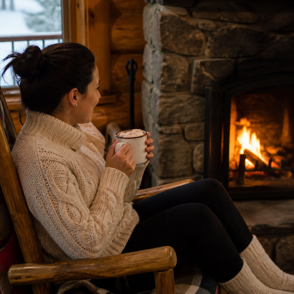 Woman in a chunky cream cable-knit sweater relaxing by a fireplace with hot cocoa
