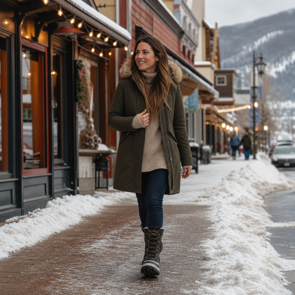 Woman walking down a snowy mountain-town sidewalk in waterproof winter boots