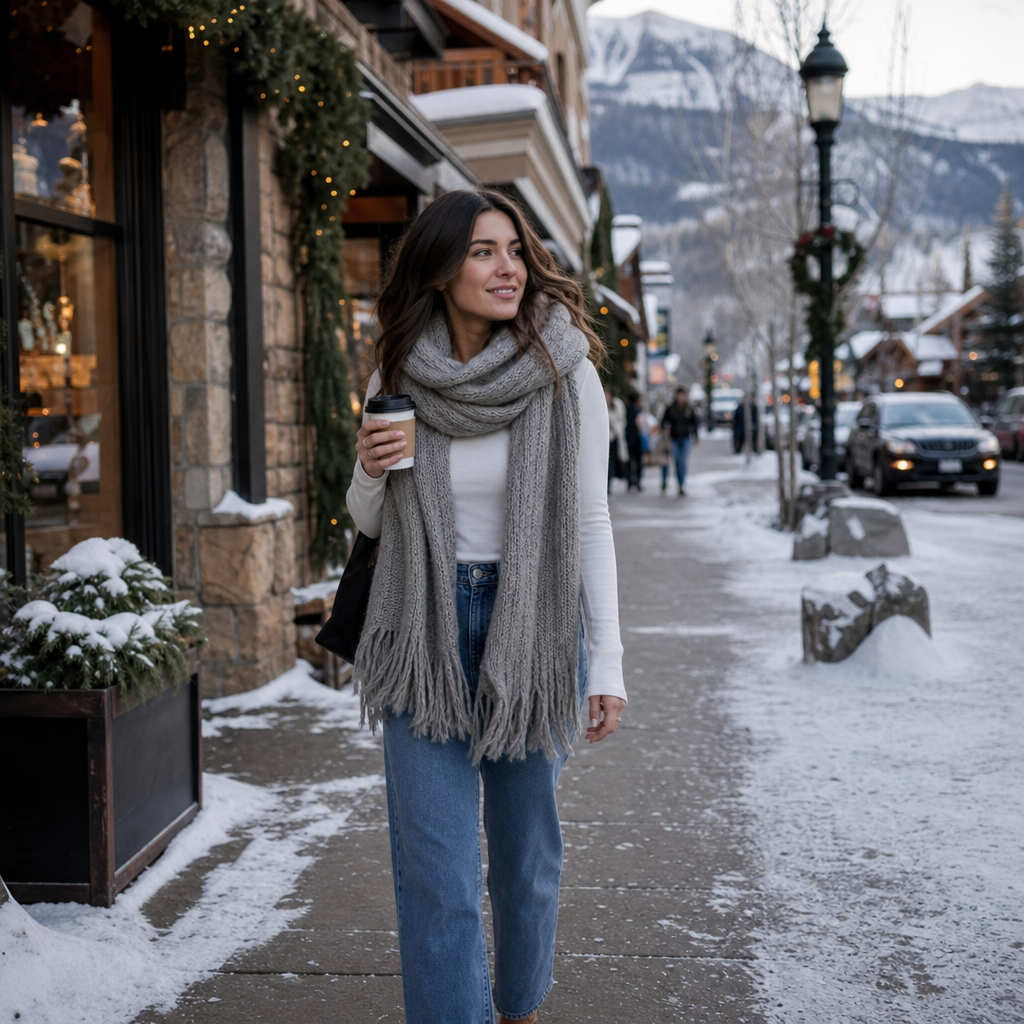 Woman walking through a snowy mountain town wearing jeans, a thermal top, and an oversized scarf