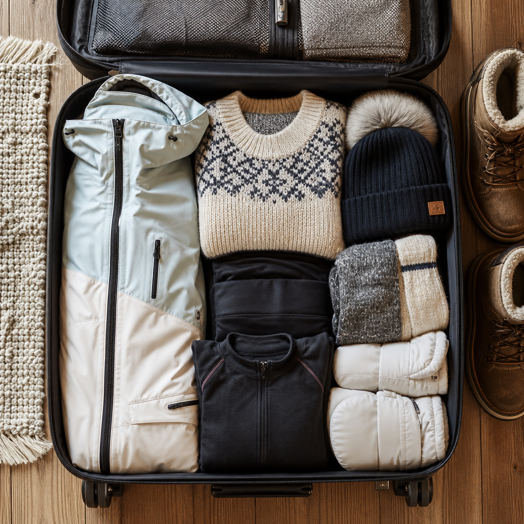 Overhead flat lay of a fully packed suitcase organized for a 3-day ski trip