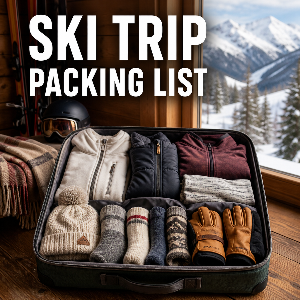 Pinterest pin graphic for ski trip packing list with packed suitcase and mountain view