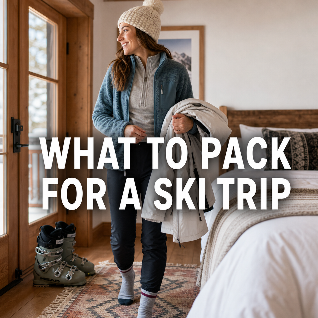Pinterest pin graphic showing what to pack for a ski trip with layered clothing