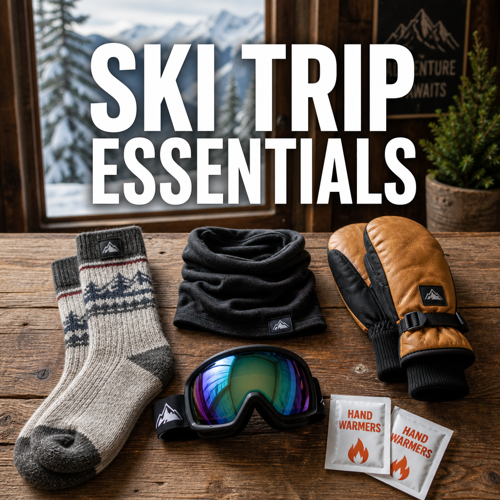 Pinterest pin graphic showing ski trip essential gear flat lay