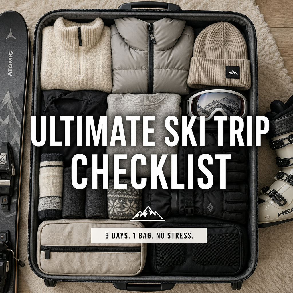 Pinterest pin graphic showing ultimate ski trip packing checklist flat lay