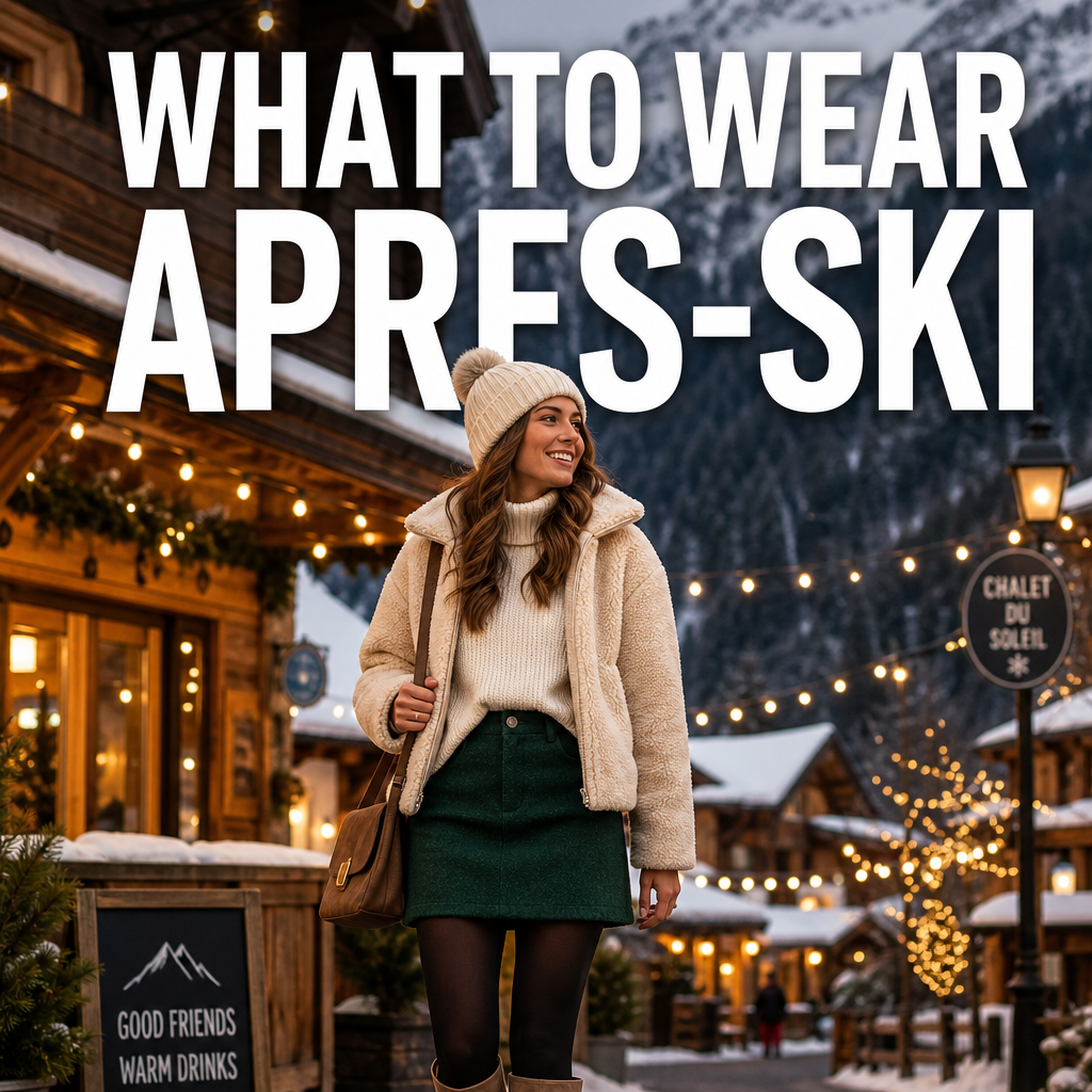 Pinterest pin graphic showing what to wear apres-ski in a mountain village
