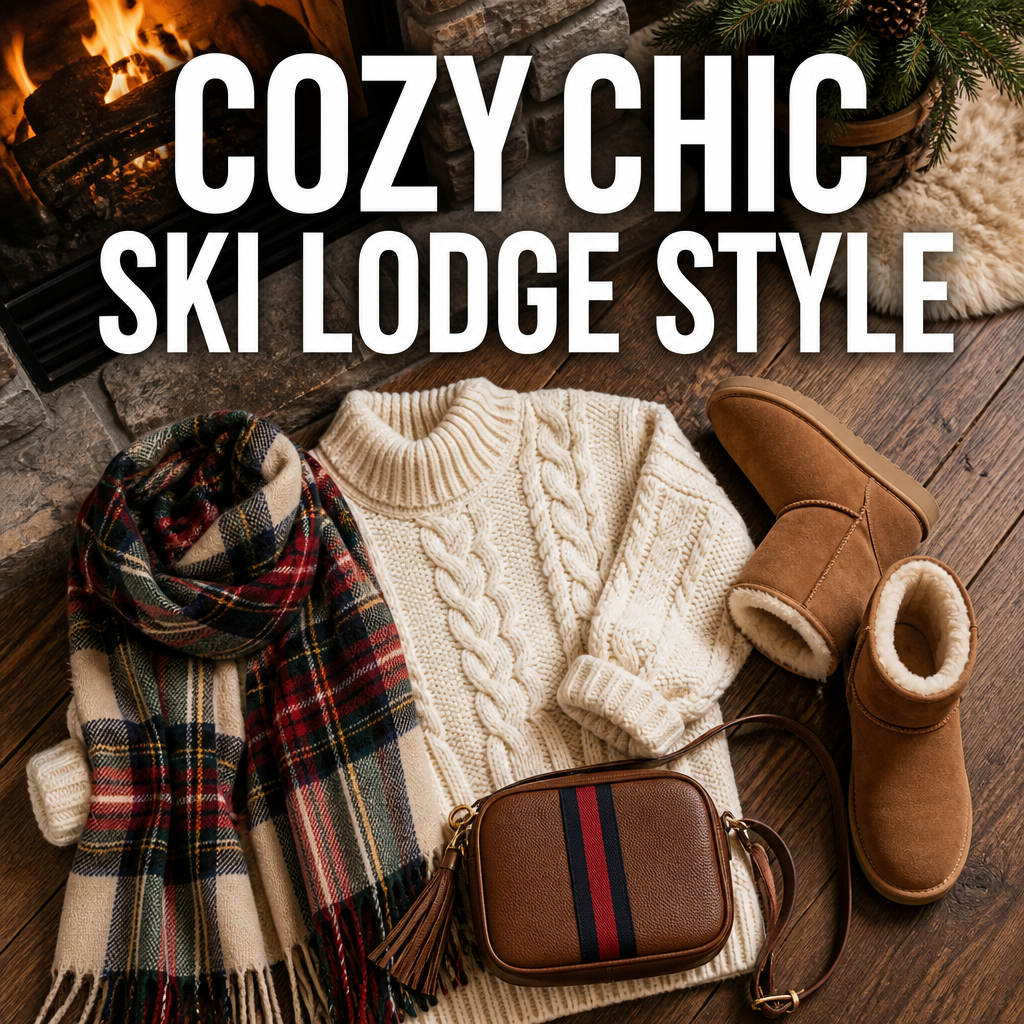 Pinterest pin graphic showing cozy chic ski lodge style flat lay