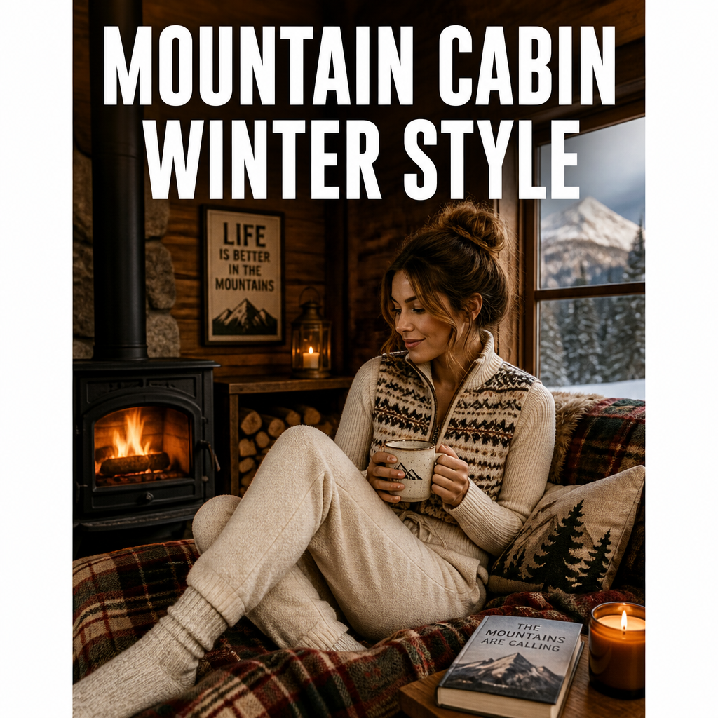 Pinterest pin graphic showing mountain cabin winter style