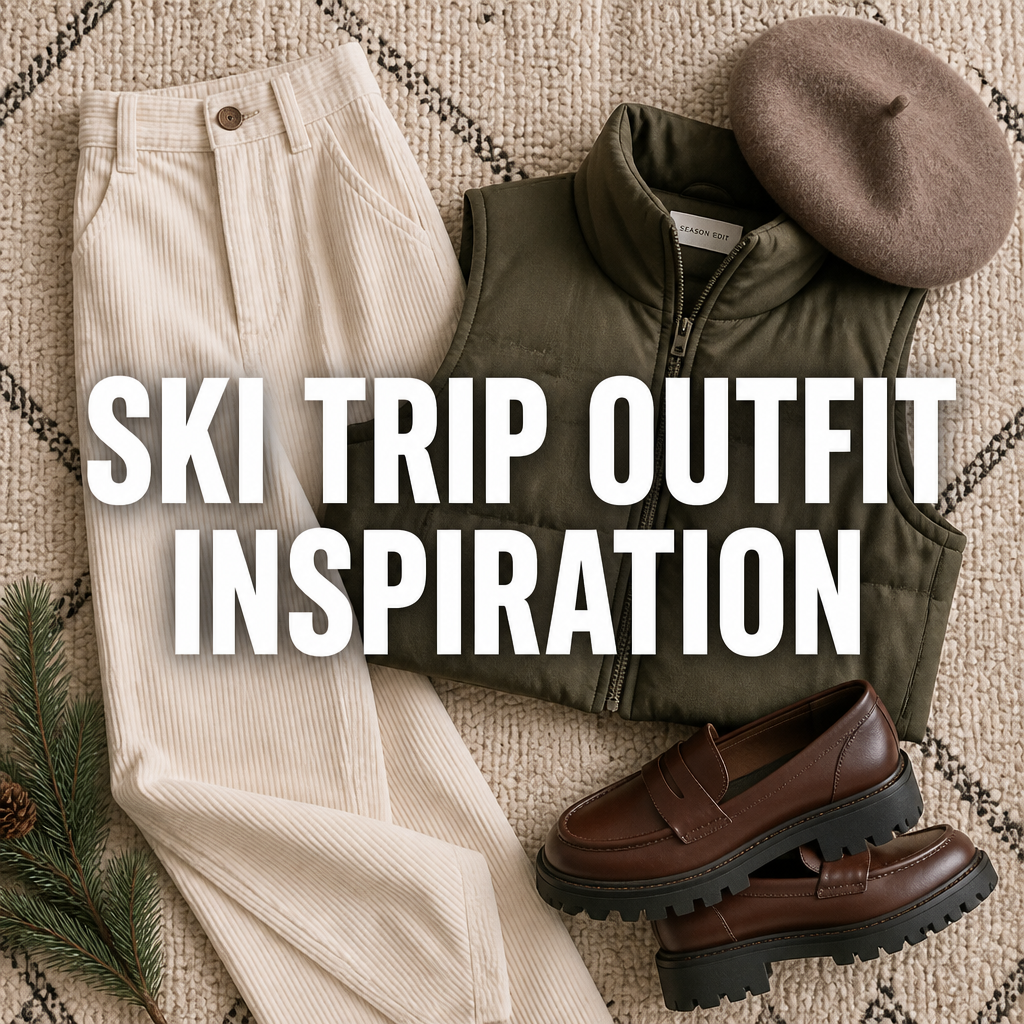 Pinterest pin graphic showing ski trip outfit inspiration flat lay