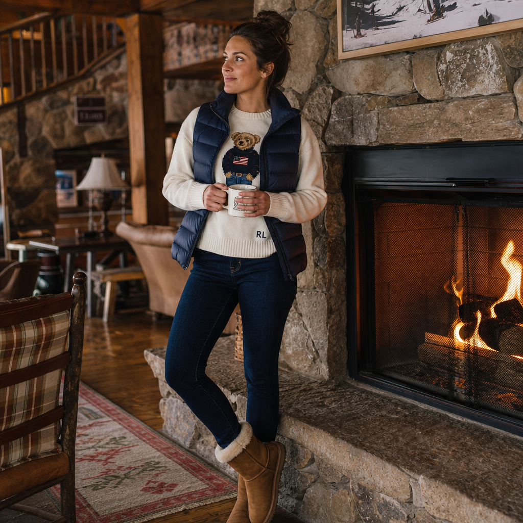 Woman in a cream Polo Bear sweater and navy vest by a fireplace in a mountain lodge