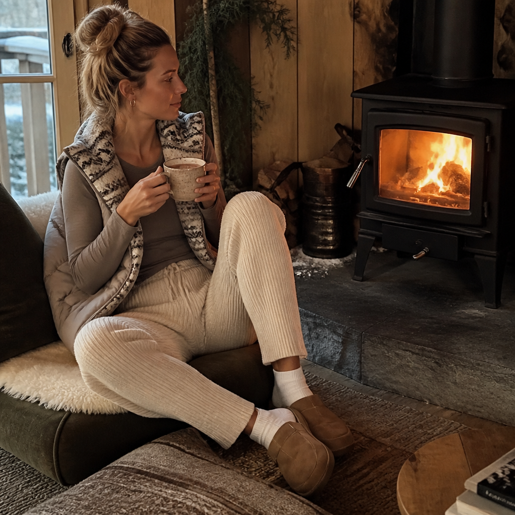 Woman in oatmeal cashmere joggers and fair-isle vest relaxing fireside with cocoa