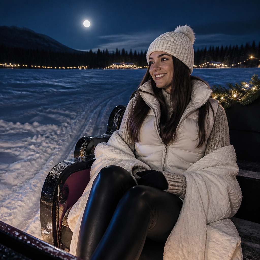 Woman in faux-leather leggings and a beanie on a moonlit sleigh ride