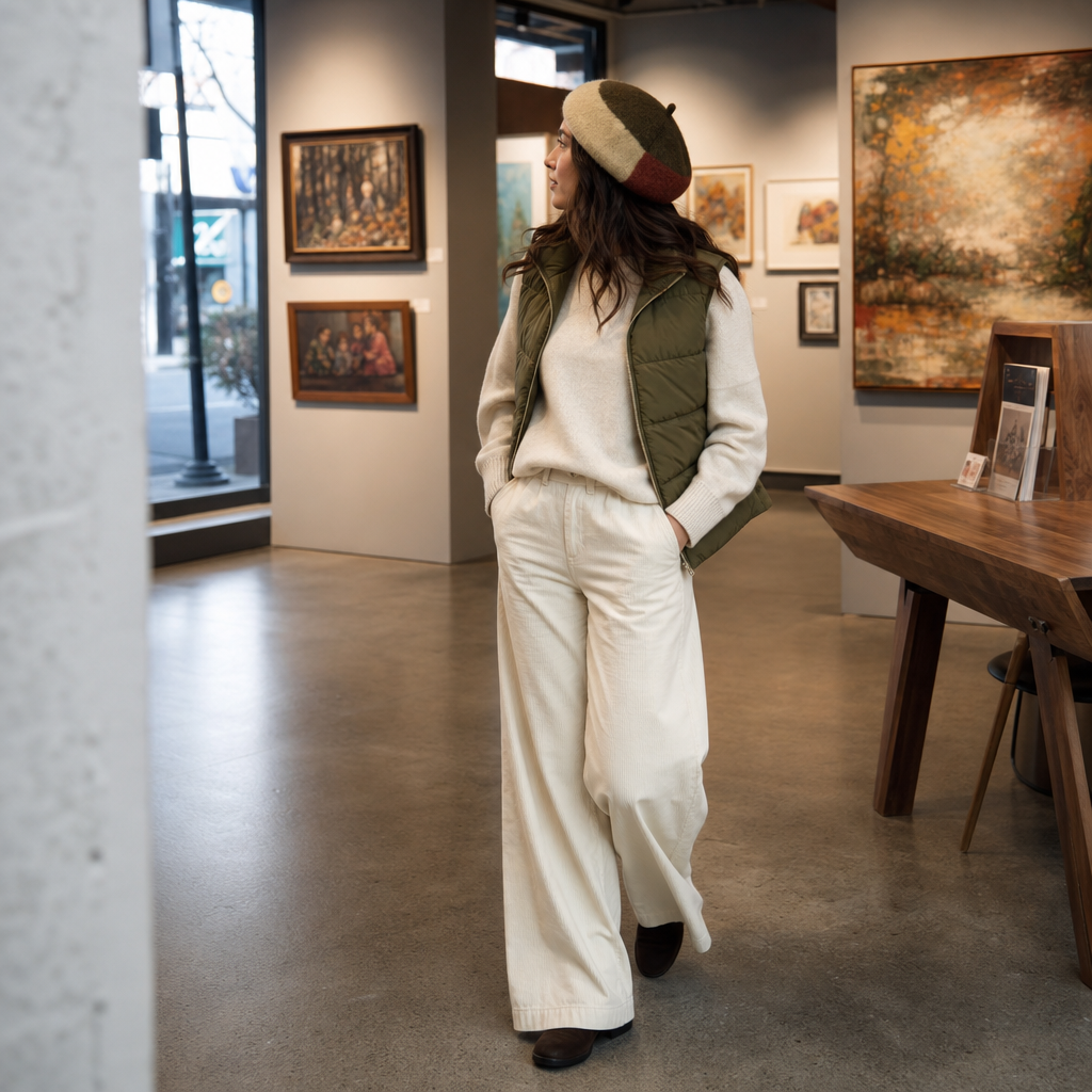 Woman in ivory corduroys and a moss vest walking through an art gallery