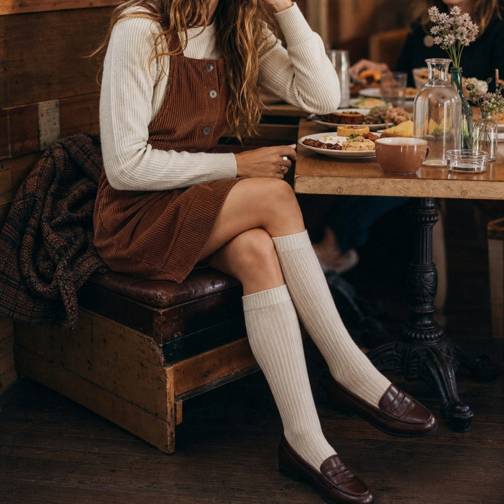 Woman in a cinnamon corduroy pinafore dress at a Sunday brunch table