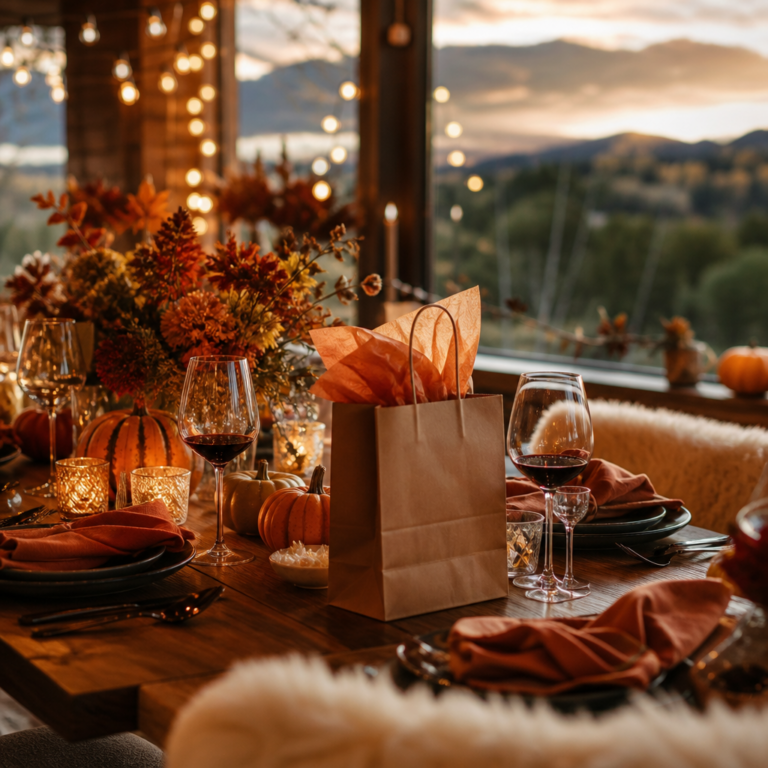 Styled fall hostess gift arrangement at a dinner party table