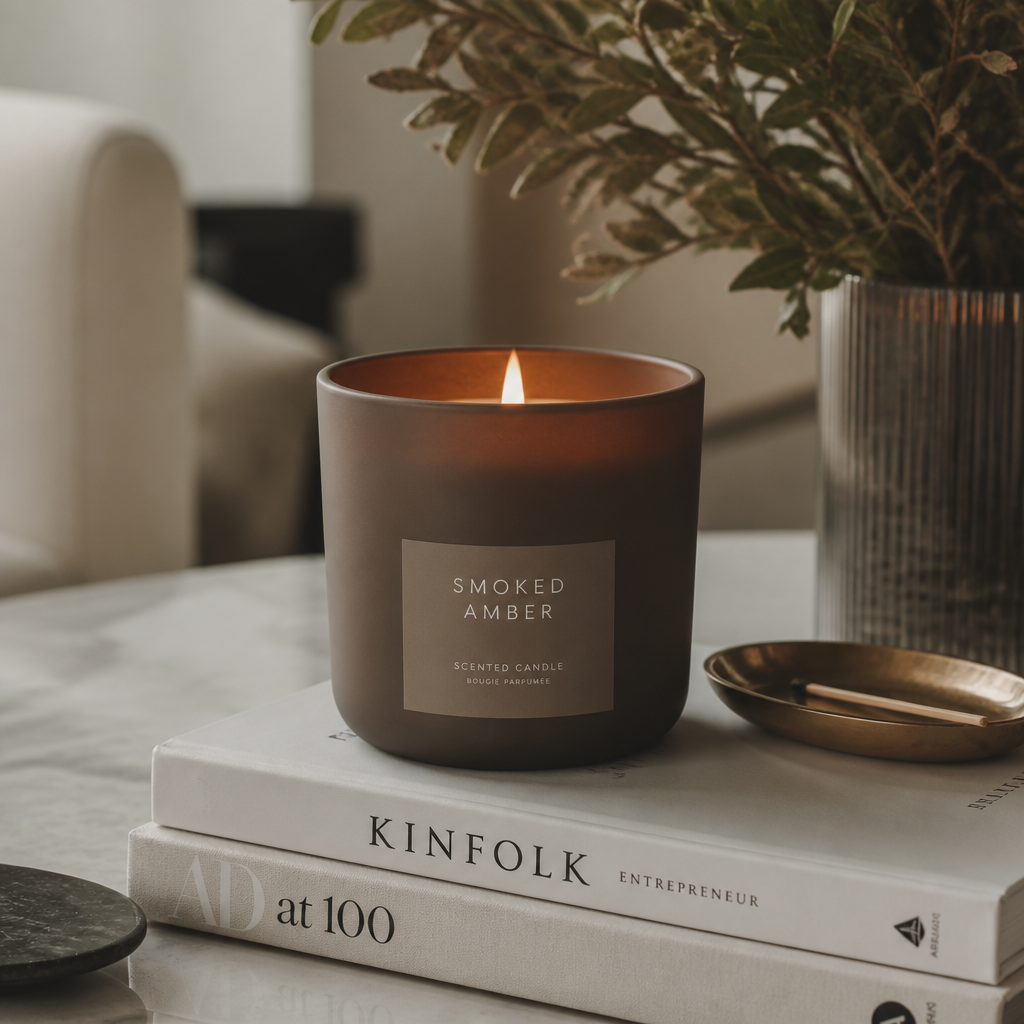 A smoky-amber candle in matte ceramic instantly elevates any coffee table