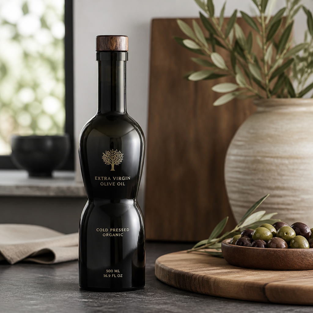 Cold-pressed Tuscan olive oil in a sculptural dark-glass bottle doubles as counter décor.