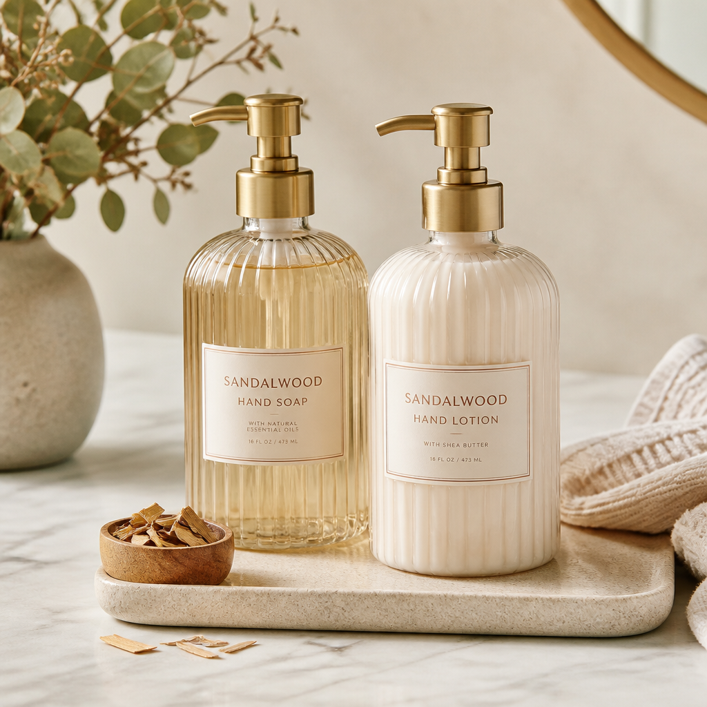 Creamy sandalwood soap plus velvety lotion in ribbed glass bottles look spa-worthy.