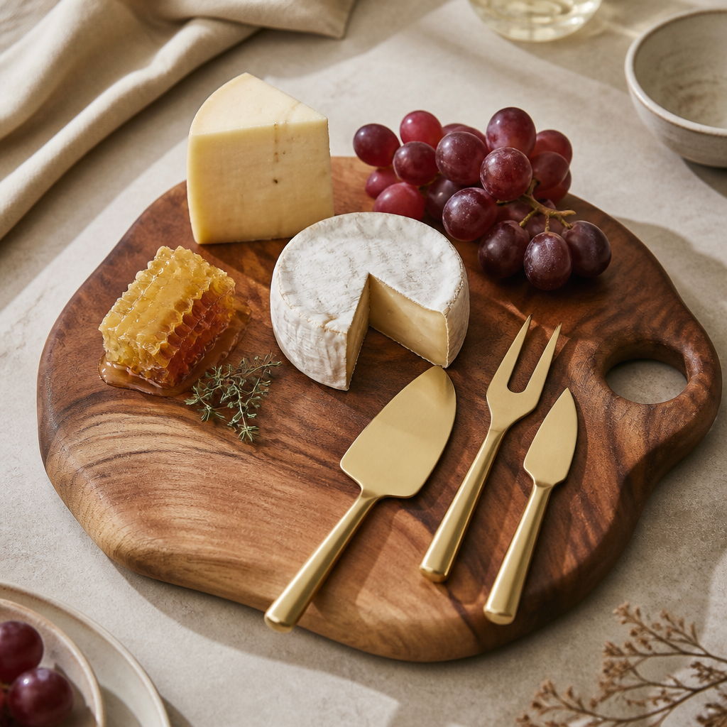 Hand-carved acacia wood paired with matte-brass knives sets the tone for effortless grazing.