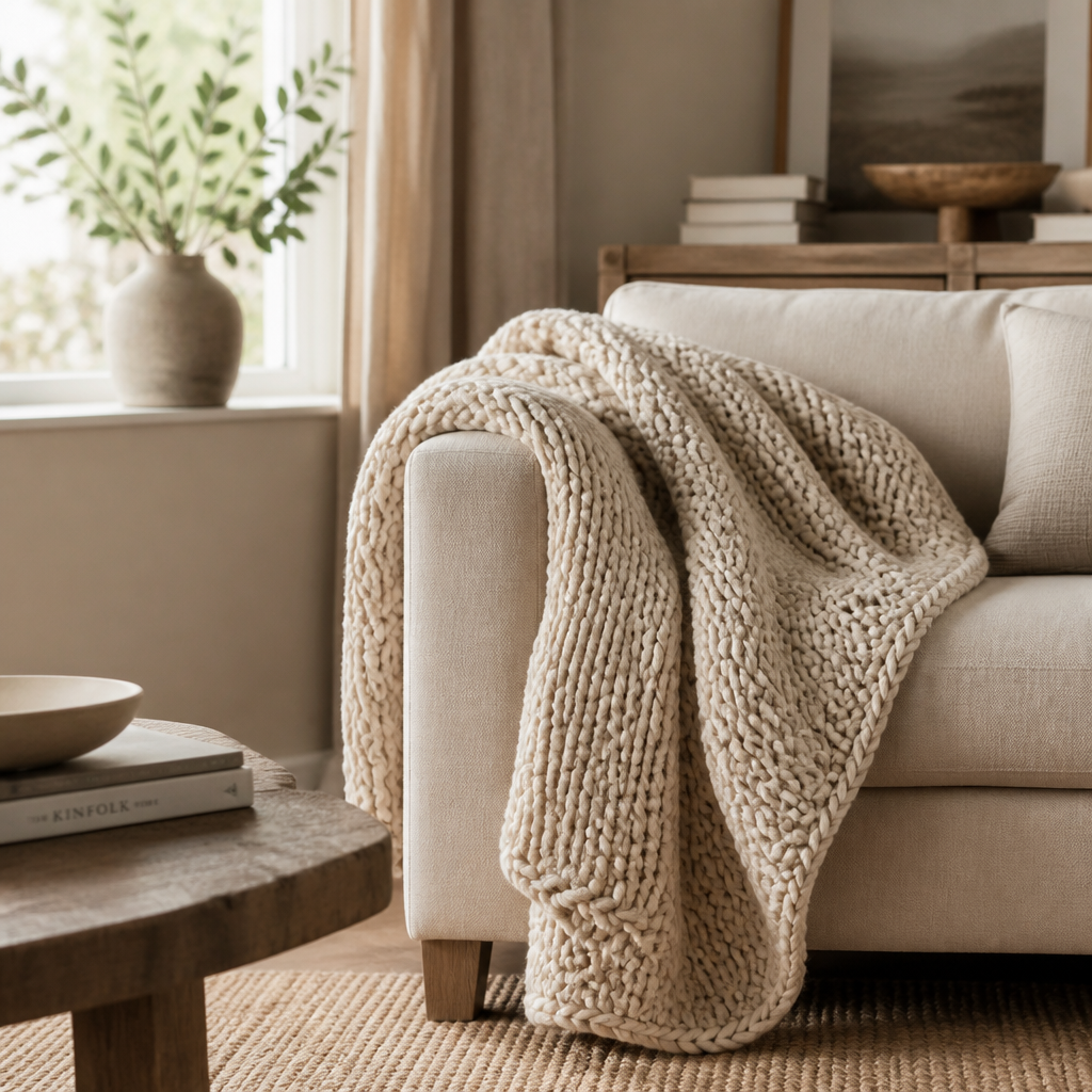 A chunky-knit throw in oatmeal or greige drapes effortlessly over a sofa arm.