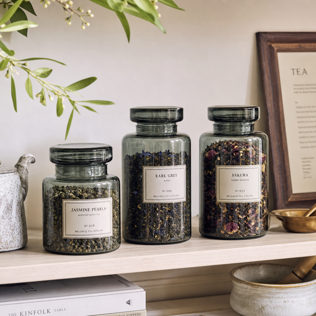 Loose-leaf tea in tinted glass jars feels apothecary-chic.