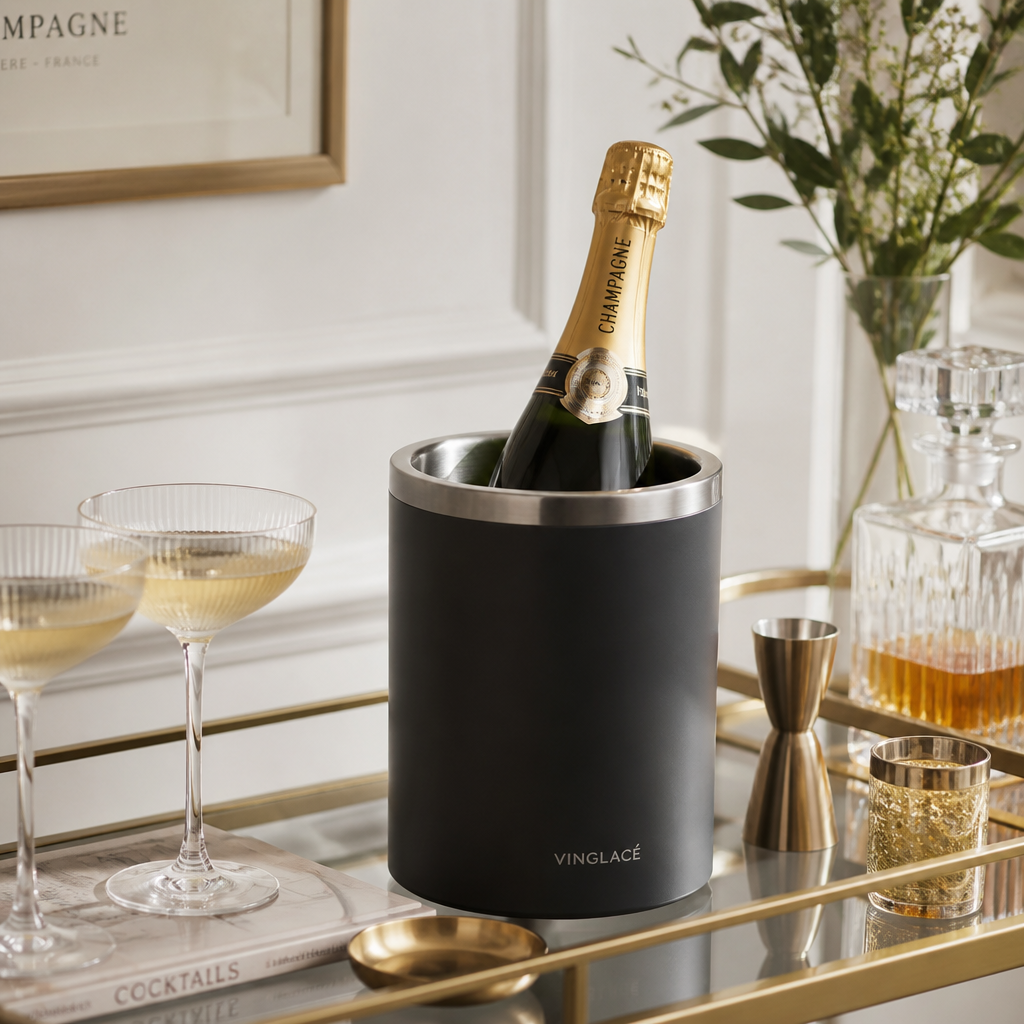 A double-walled stainless or matte-ceramic chiller keeps bubbly crisp.