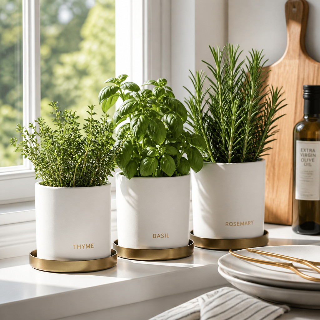 Matte-white ceramic pots with brass drip trays give herbs a modern edge.