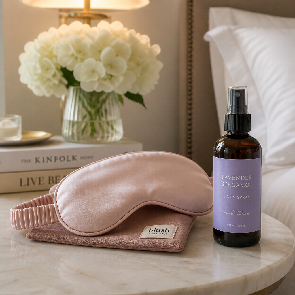 A blush silk mask paired with lavender-bergamot linen mist feels five-star.