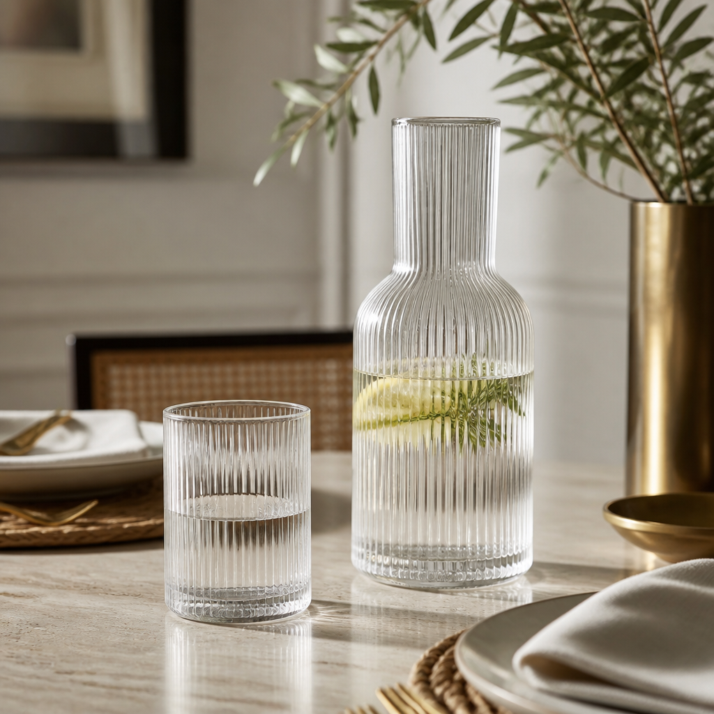 Ribbed borosilicate glass feels light yet luxe.