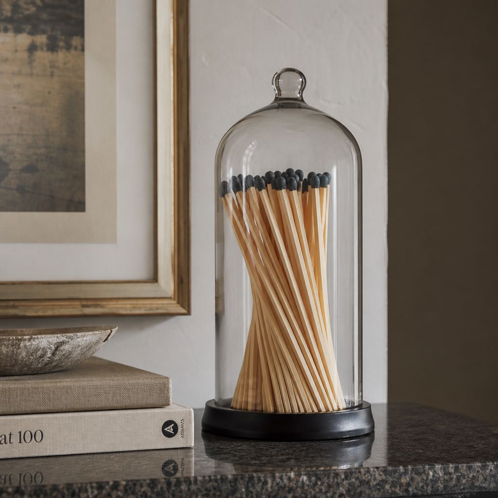 A hand-blown glass cloche filled with long matches looks museum-worthy.