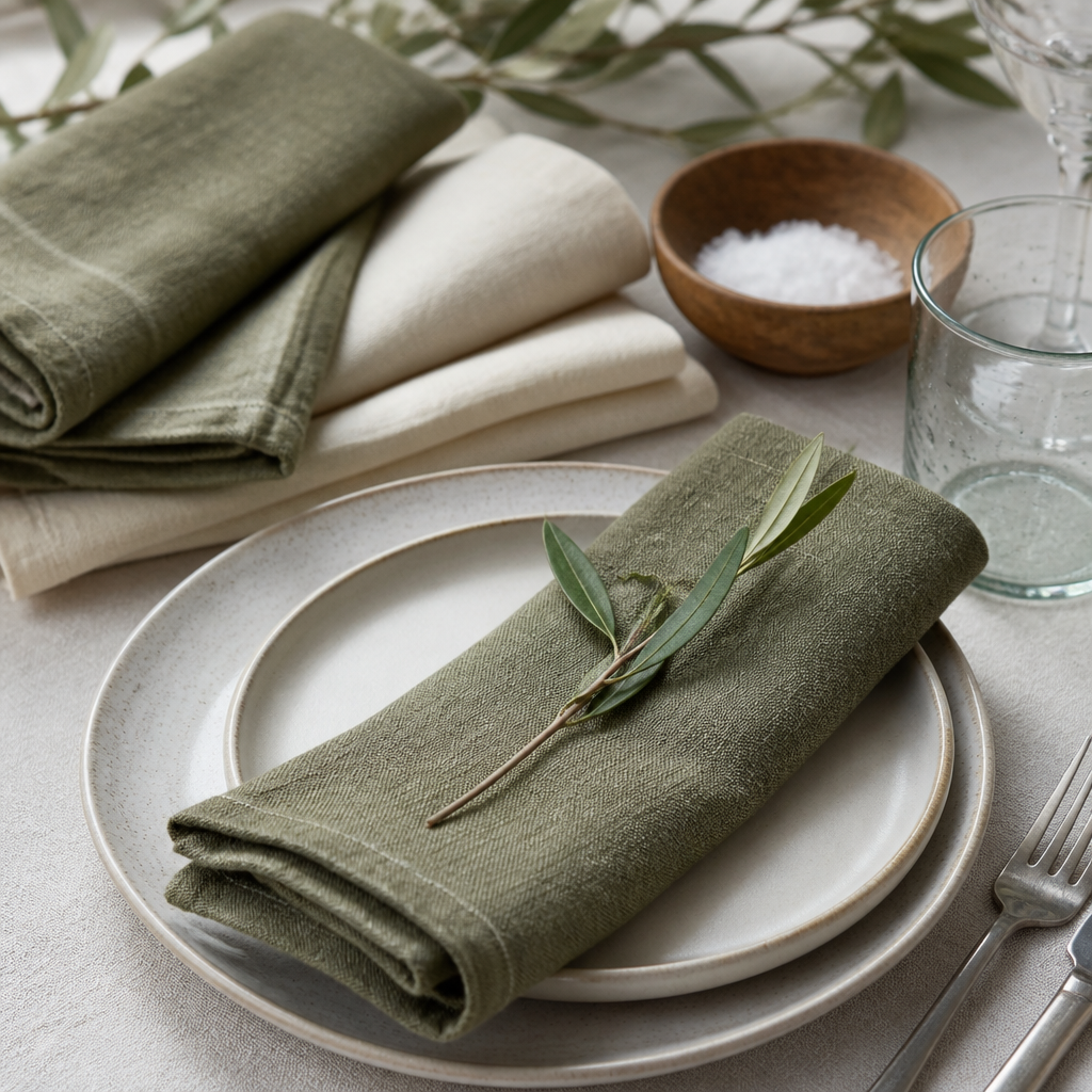 Stonewashed flax in muted moss or ivory adds instant refinement.