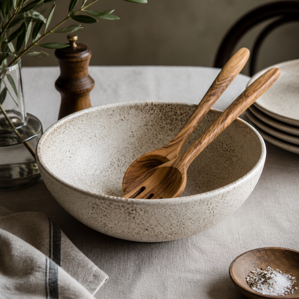 Speckled stoneware with a matte glaze straddles rustic and refined.