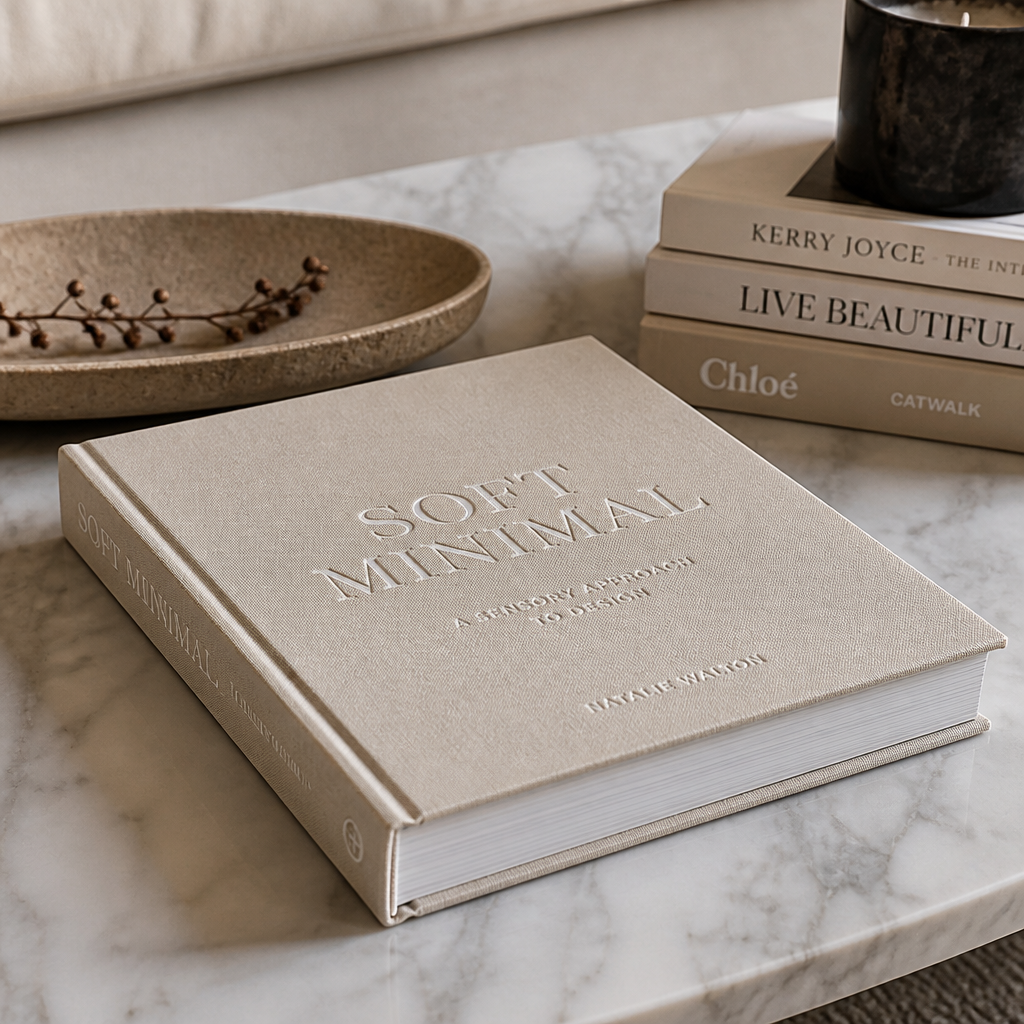 A fashion- or interior-inspo tome with linen cover and embossed lettering doubles as décor.