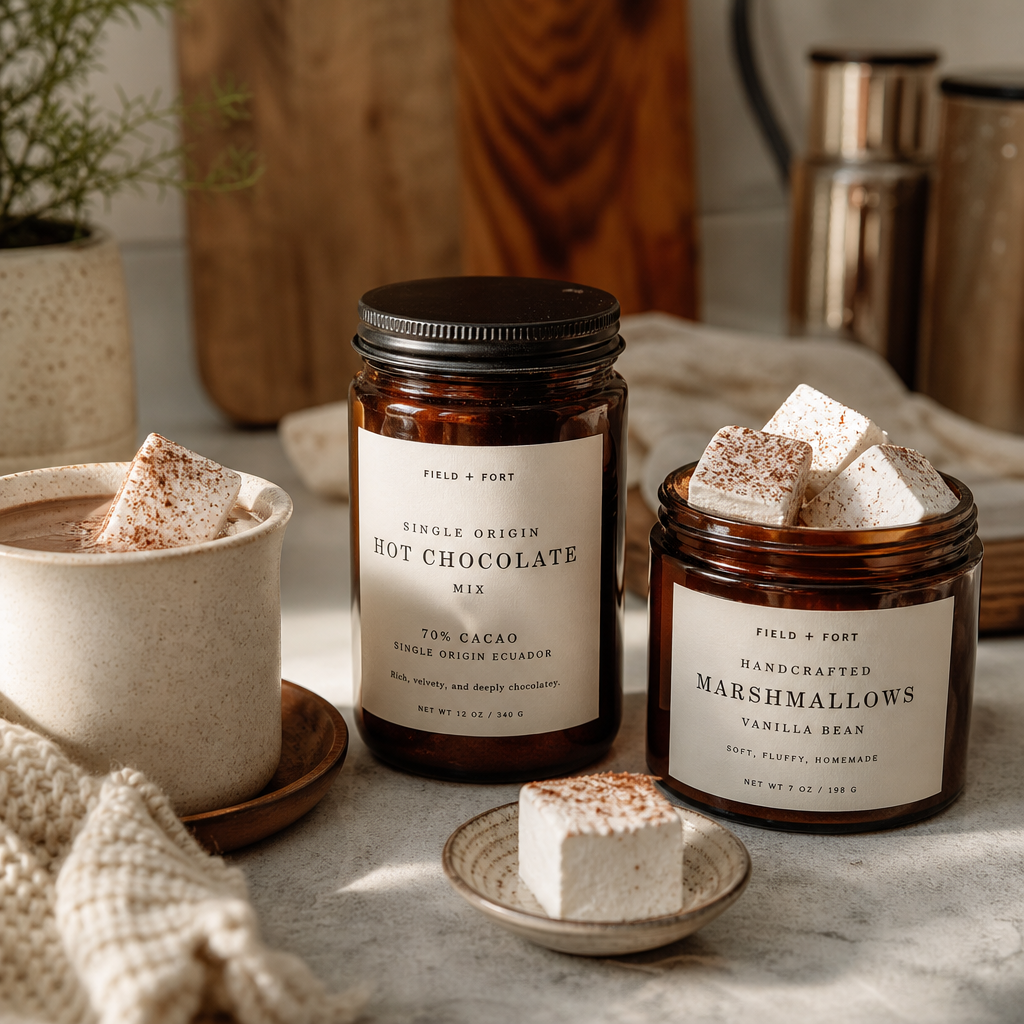 Single-origin cocoa and handcrafted marshmallows in amber jars scream cozy season.
