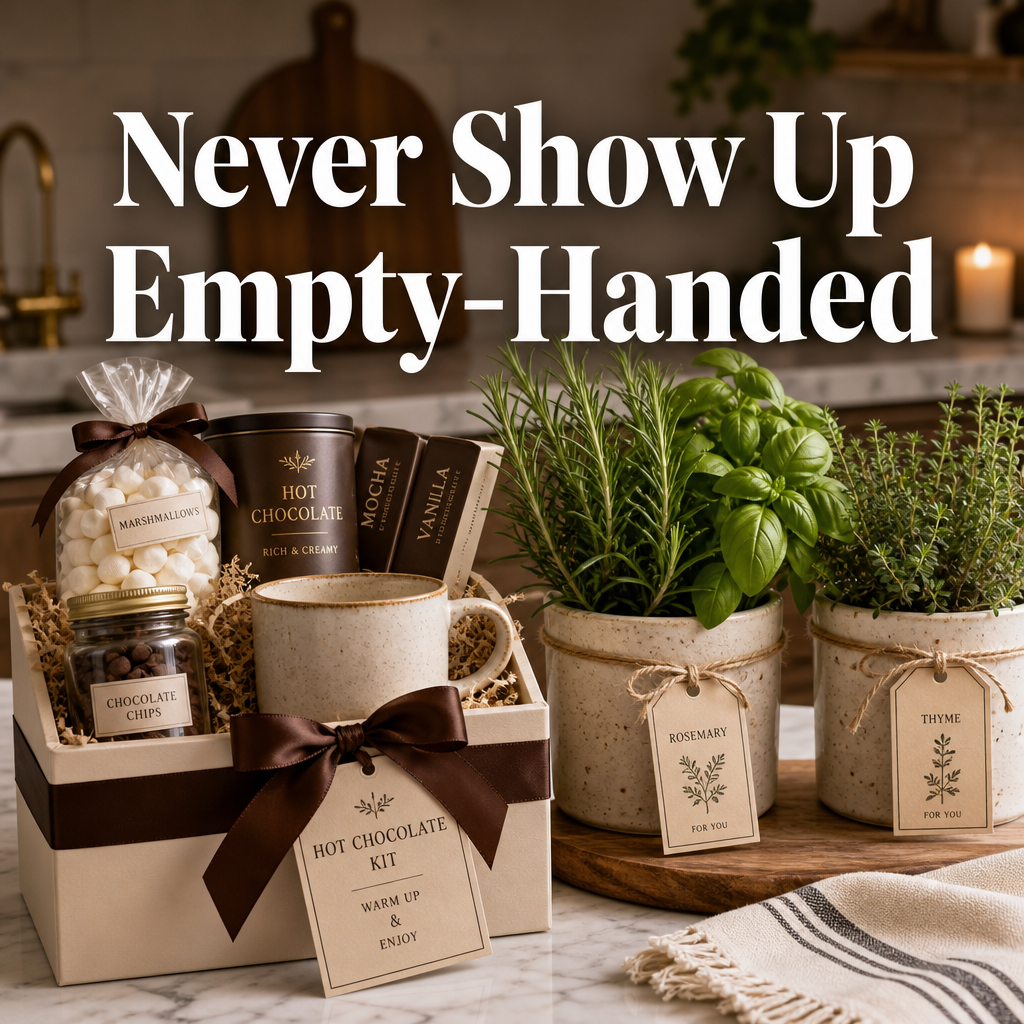 Pinterest pin - never show up empty-handed hostess gifts