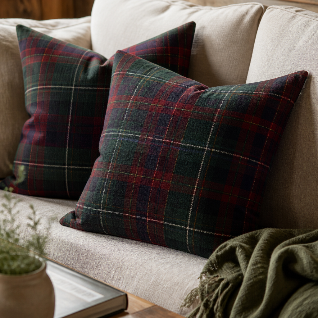 Tartan plaid throw pillows on a sofa