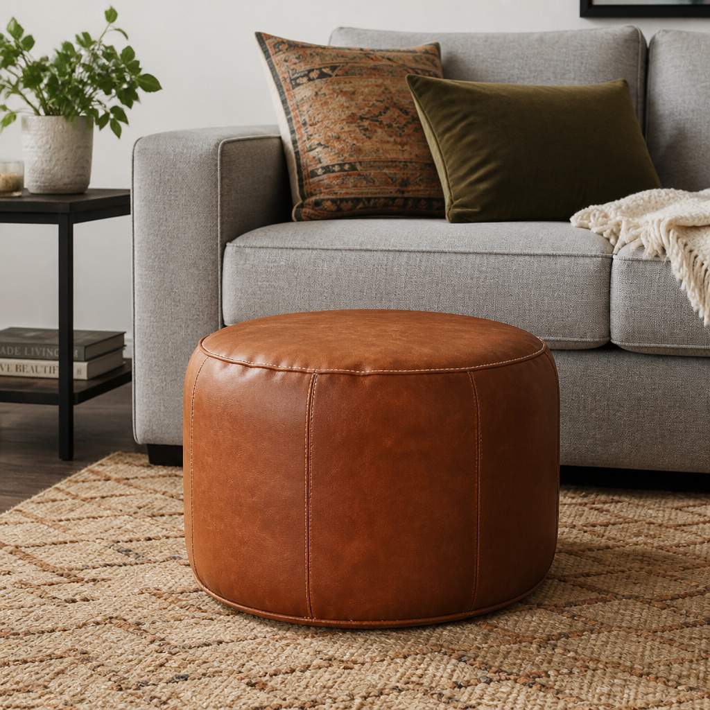 Cognac leather ottoman pouf