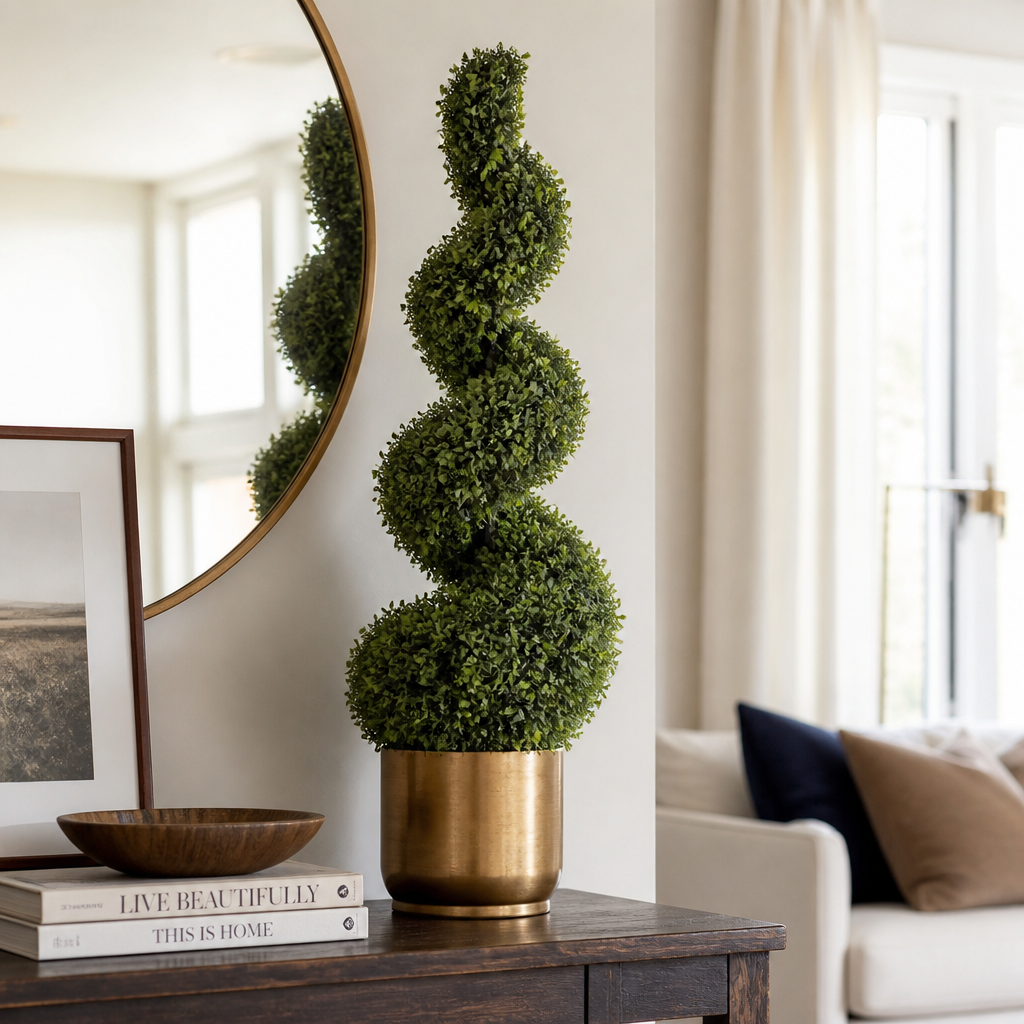 Boxwood topiary in brass planter