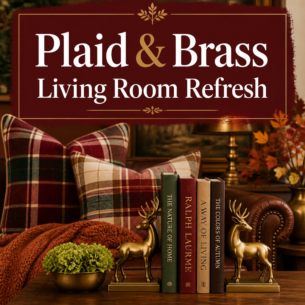 Plaid and Brass Living Room Refresh Pinterest pin